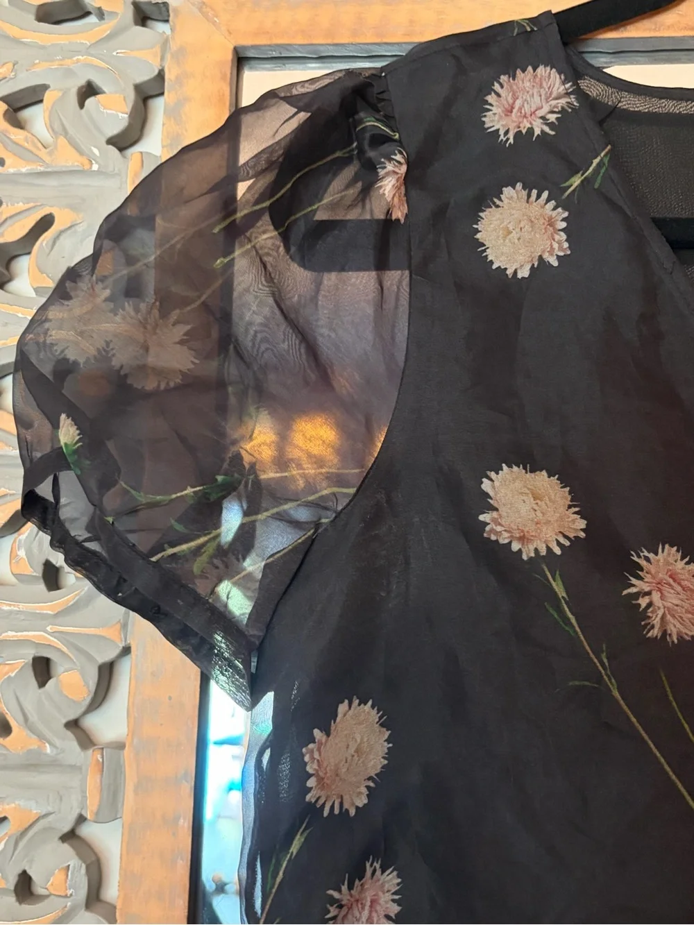 Madewell size small silk Black Floral Puff Sleeve Wrap Top